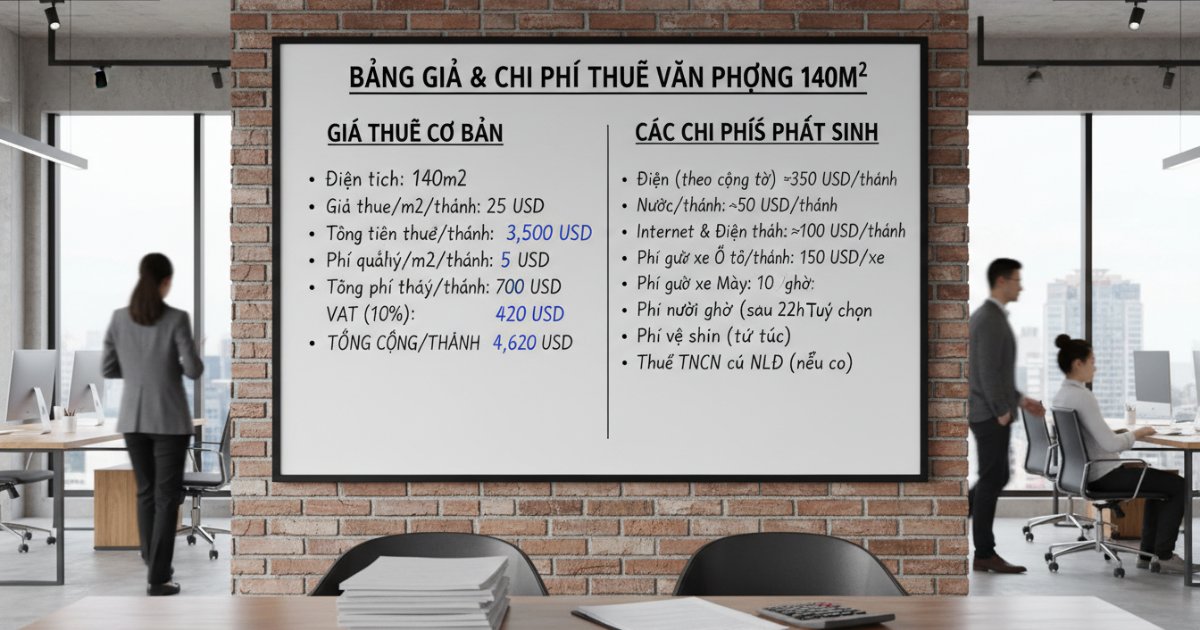Bảng giá và các chi phí phát sinh khi thuê văn phòng 140m2