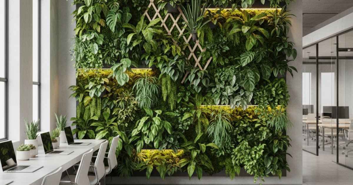 Tận dụng cây xanh trang trí tường văn phòng làm việc xanh mát